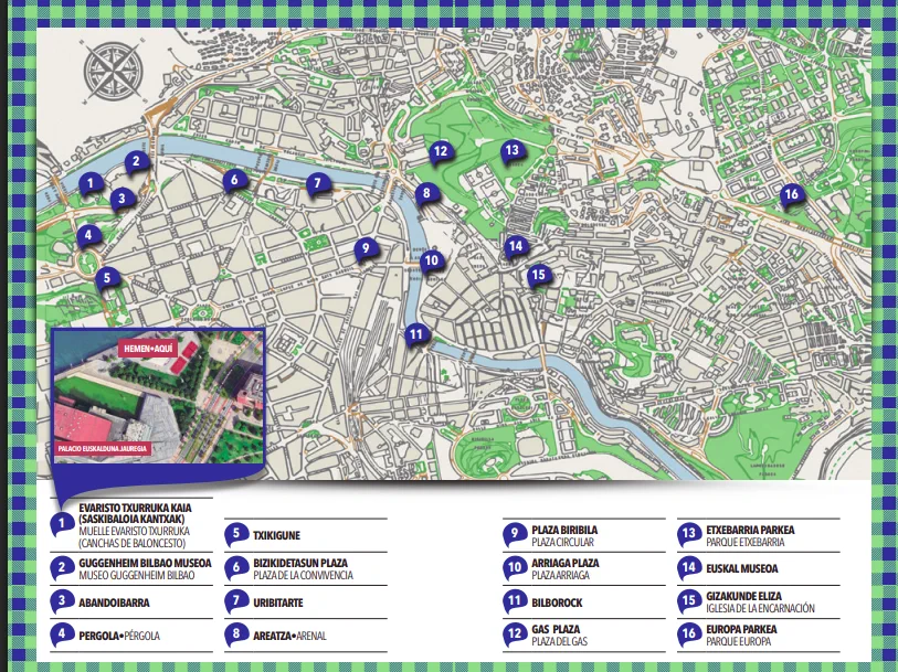 Official Bilbao map with 16 numbered Aste Nagusia 2026 venues